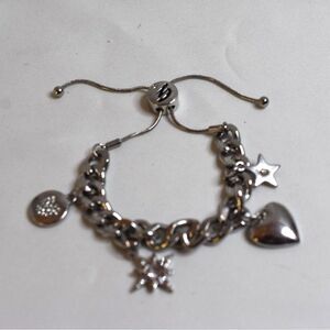 Guess Heart Charm Cuban Link Bolo Slider Silver Tone 5"-10" Adj. Bracelet